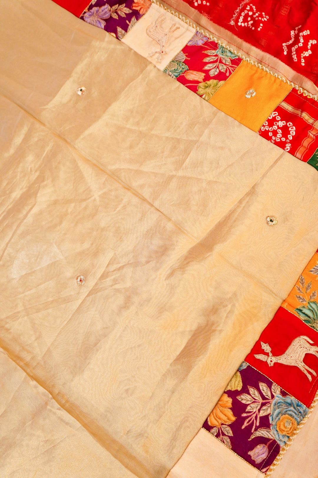 Golden Pure Tissue Saree with Multicolor Patchwork Embroidered Border