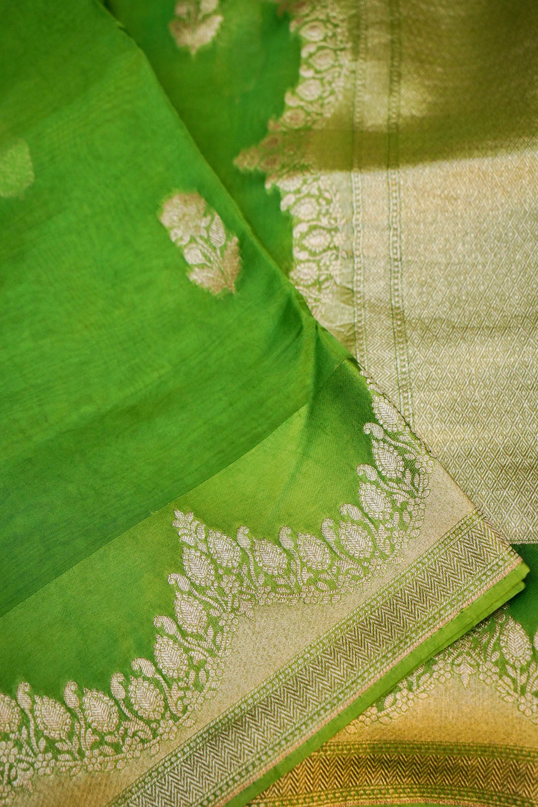 Light Green Banarasi Kora Silk Saree with Zari Woven Laheriya Border