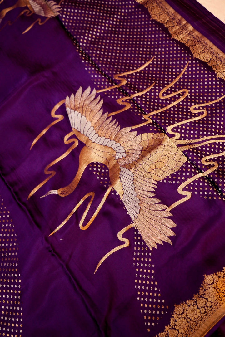 Purple Banarasi Satin Crepe Bandhej Weaving Saree with Birds Motif