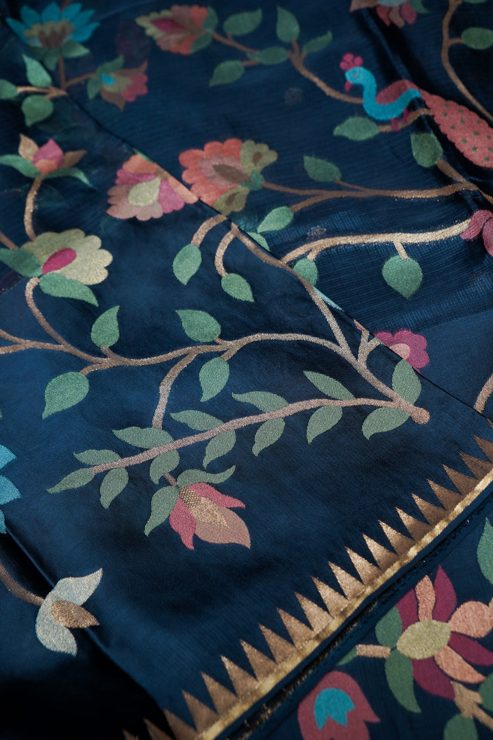 Teal Blue Pure Banarasi Kota Silk Figure Motif Saree with Silk Weaving Border