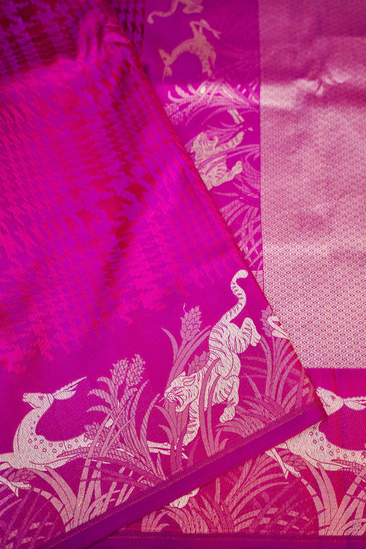 Magenta Handwoven Banarasi Pure Katan Silk Saree with Shikargah Zari Border & Pallu