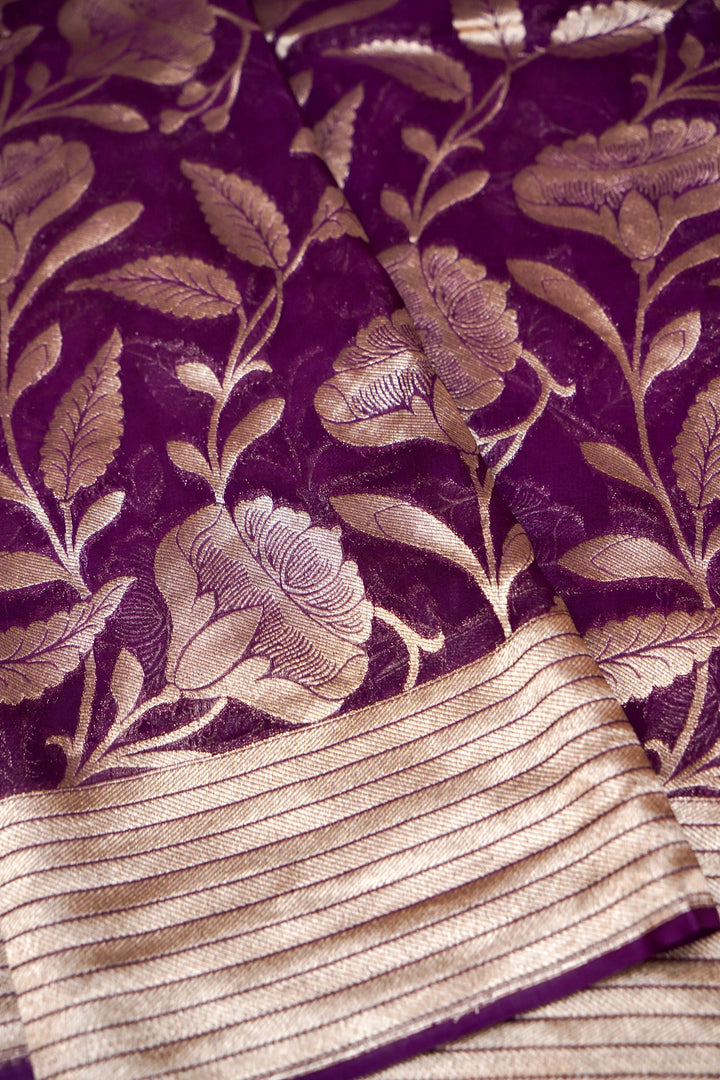 Dark Purple Pure Georgette Saree with Zari Weave Jangla Design