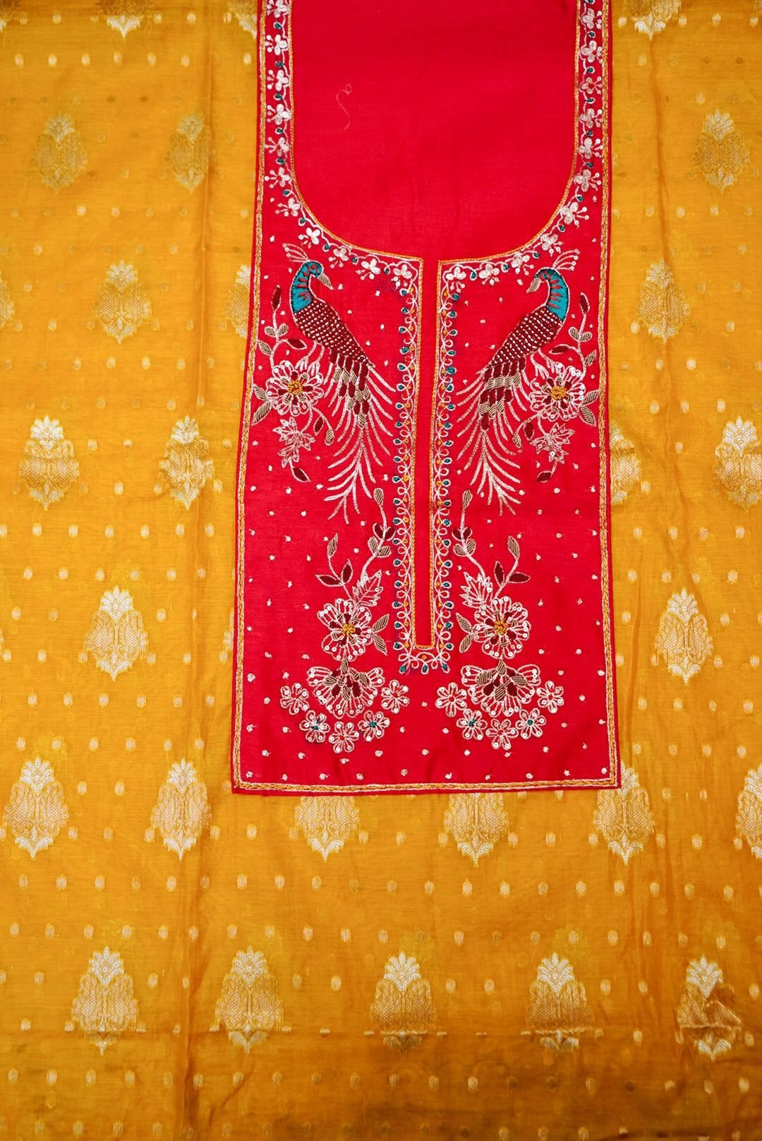 Pure Mul Silk Suit with Peacock Embroidered Neckline and Pitta Zari Dupatta