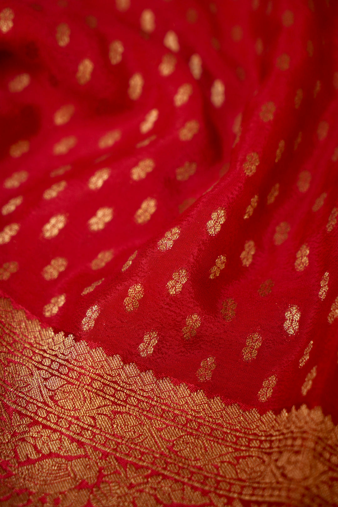 Striking Cherry Red Banarasi Chinon Georgette Saree with Antique Zari Figure Motifs