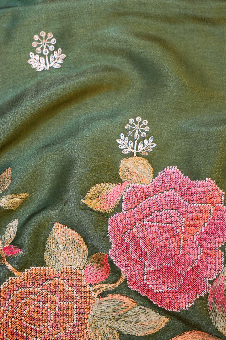 Dark Green Crepe Tissue Silk Suit Set with Pitta Zari and Embroidery Work