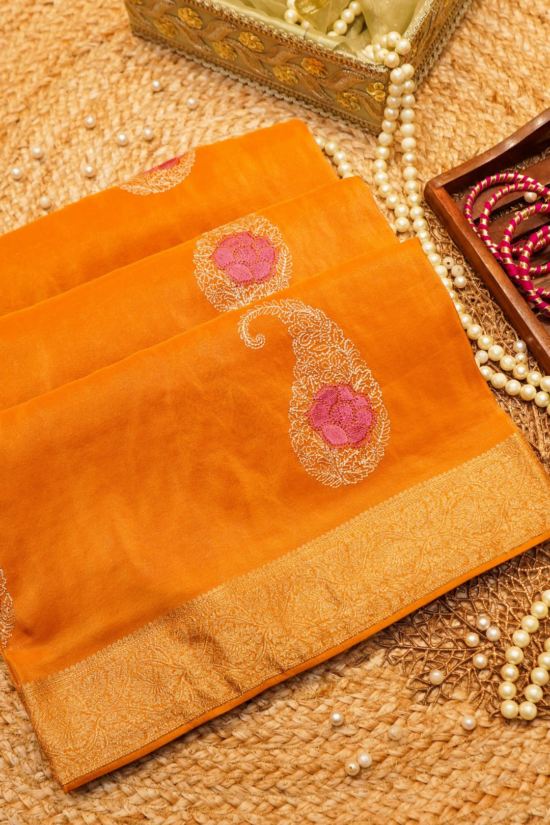 Mustard Yellow Soft Tissue Saree with Resham Embroidery
