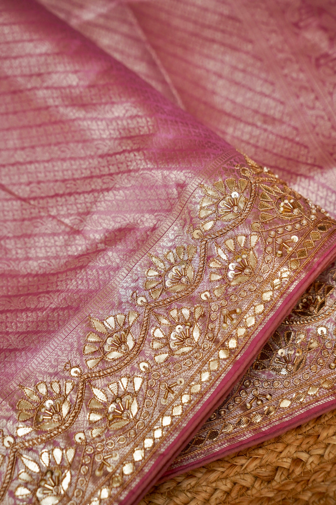 Baby Pink Designer Banarasi Brocade Tissue Saree with Hand Embroidery