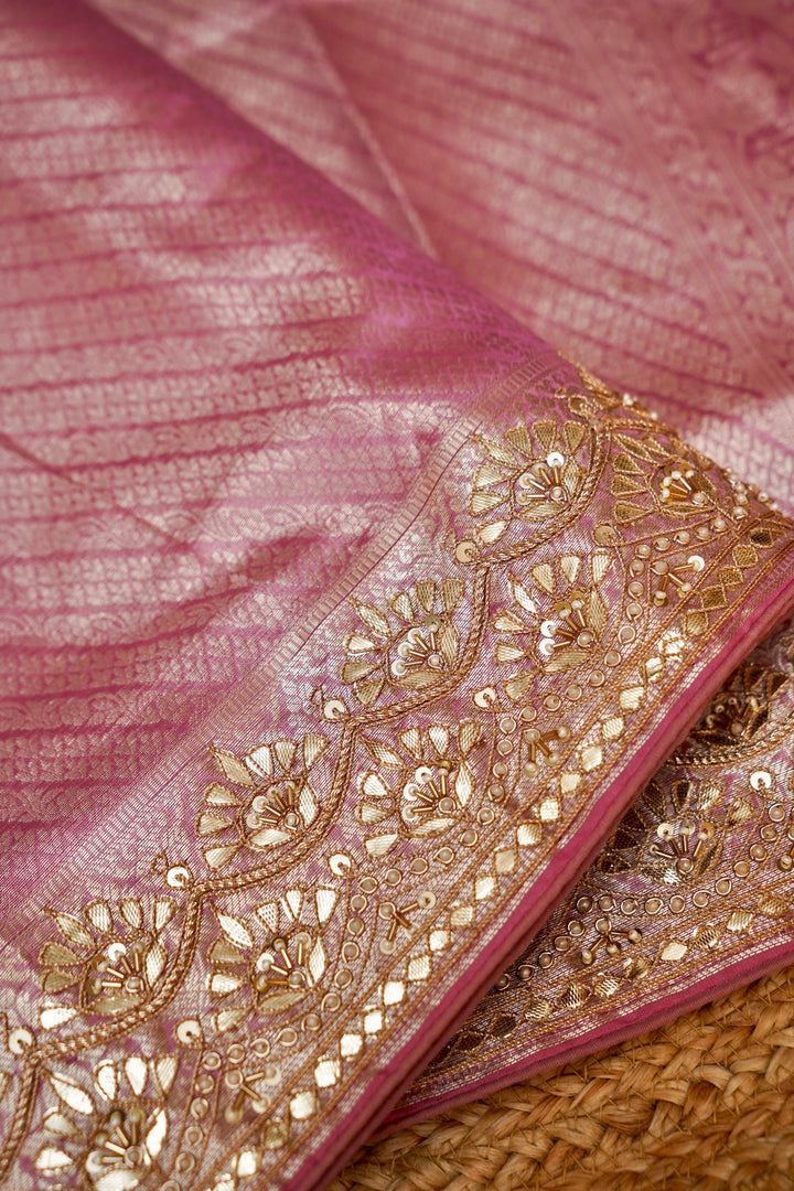 Baby Pink Designer Banarasi Brocade Tissue Saree with Hand Embroidery