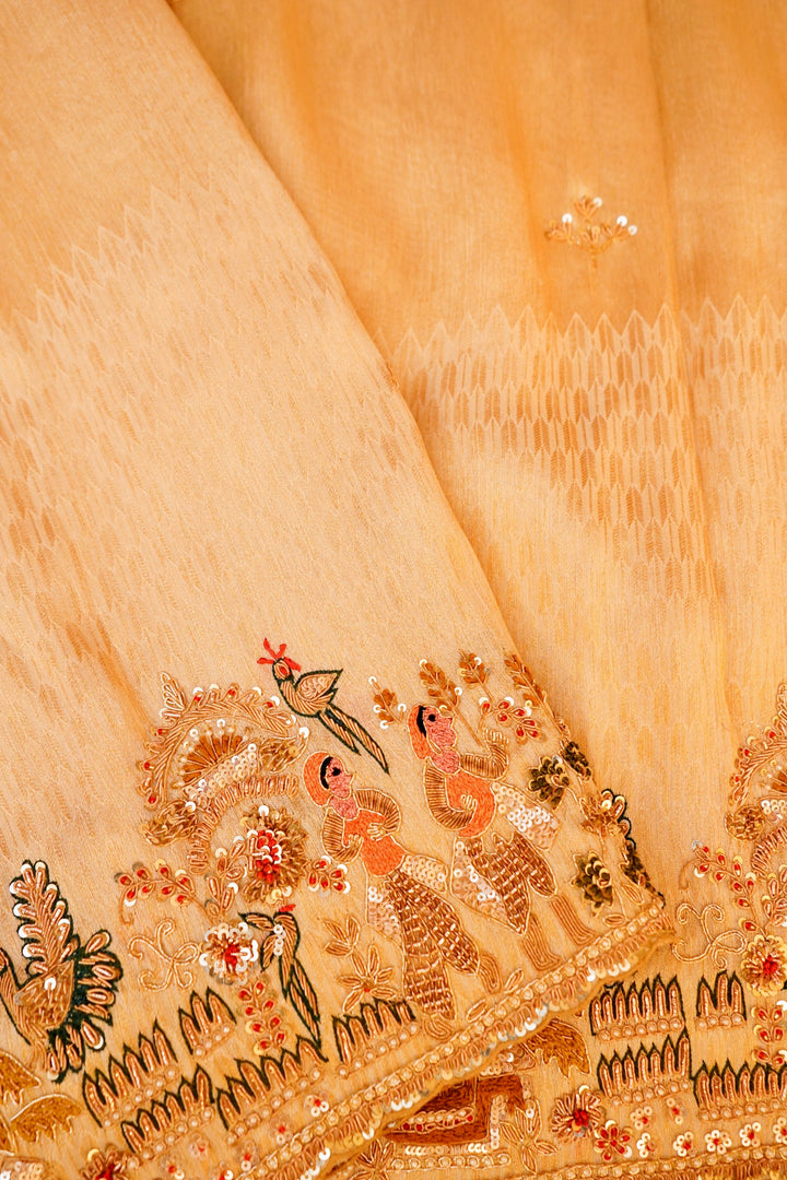 Golden Pure Katan Tissue Saree with Meenakari Zardozi Embroidery – A Royal Ensemble
