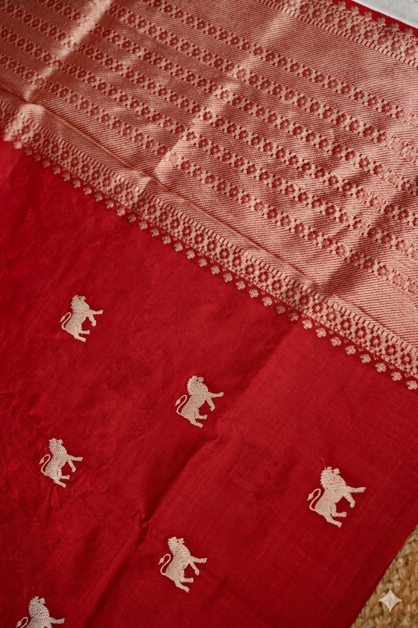 Royal Bridal Red Handwoven Banarasi Pure Puna Silk Saree with Zari Lion Motif