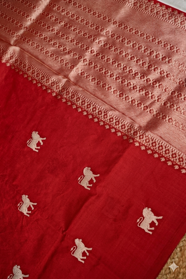 Royal Bridal Red Handwoven Banarasi Pure Puna Silk Saree with Zari Lion Motif