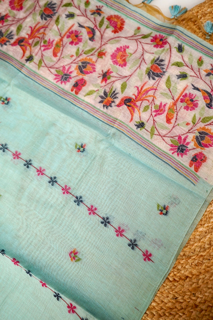 Aqua Blue Floral &amp; Bird Print Unstitched Suit Set with Artistic Dupatta