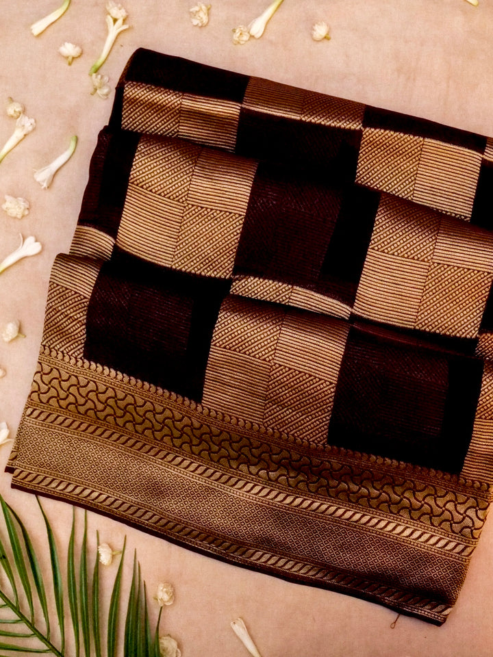 Wine Elegance Banarasi Khaddi Georgette Saree with Zari Weave Checks