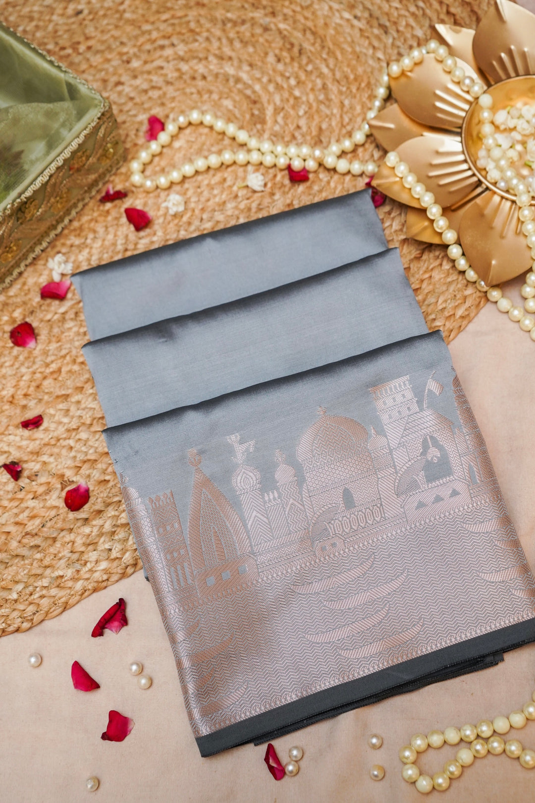 Silver Mist Grey Banarasi Modal Silk Ghat Design Saree View 1