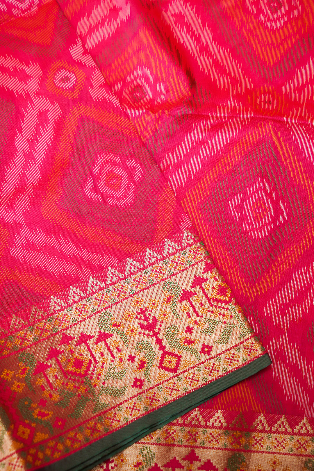 Pink Soft Silk Ikat Inspired Bridal Saree with Golden Zari Heavy Border & Pallu