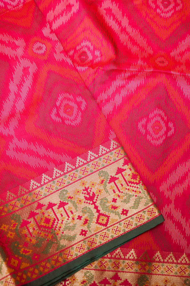 Pink Soft Silk Ikat Inspired Bridal Saree with Golden Zari Heavy Border & Pallu