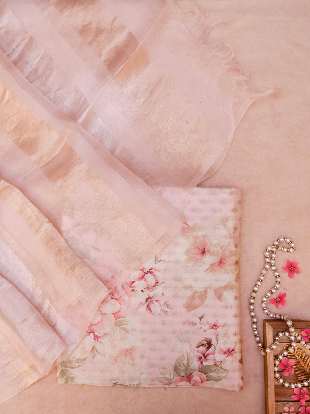 Pastel Pink Pure Chiniya Silk Printed Suit with Kadwa Organza Dupatta View 1