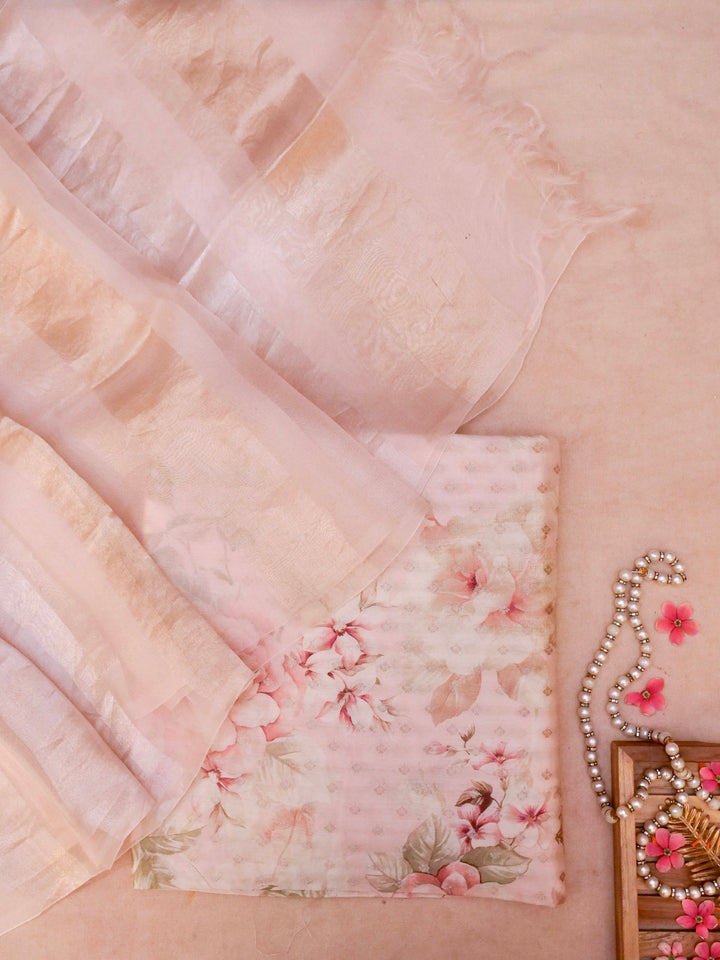 Pastel Pink Pure Chiniya Silk Printed Suit with Kadwa Organza Dupatta View 1