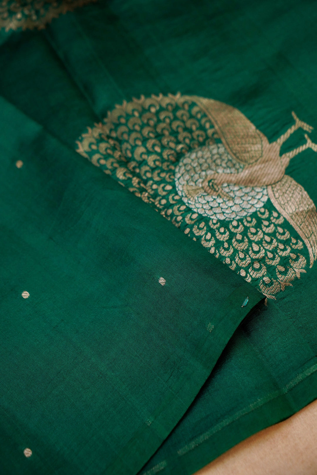 Bottle Green Pure Silk Banarasi Saree with Peacock Motif Pallu View 3