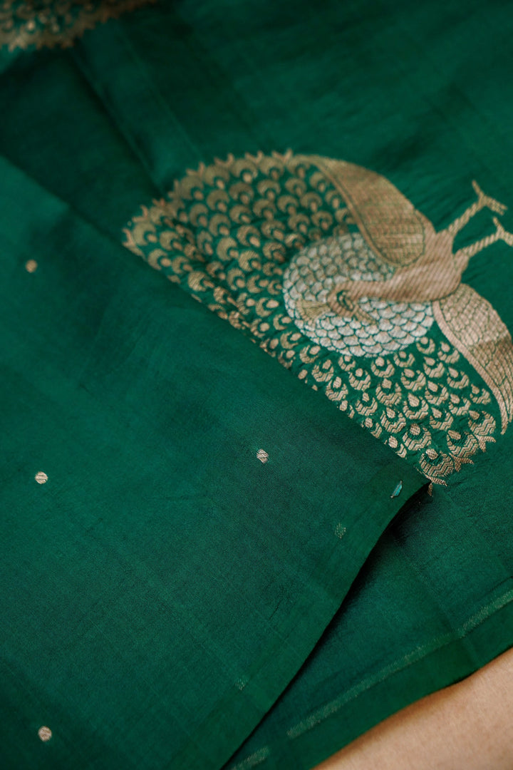 Bottle Green Pure Silk Banarasi Saree with Peacock Motif Pallu View 3