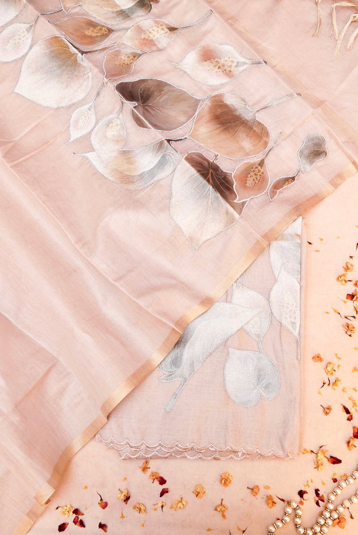 Rose Gold Pure Chanderi Tissue Suit with Applique Work