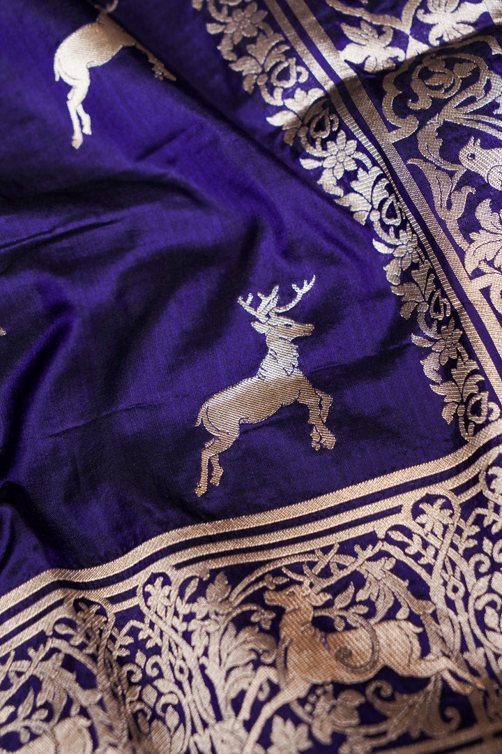 Navy Blue Handwoven Banarasi Pure Katan Silk Deer Motif Saree