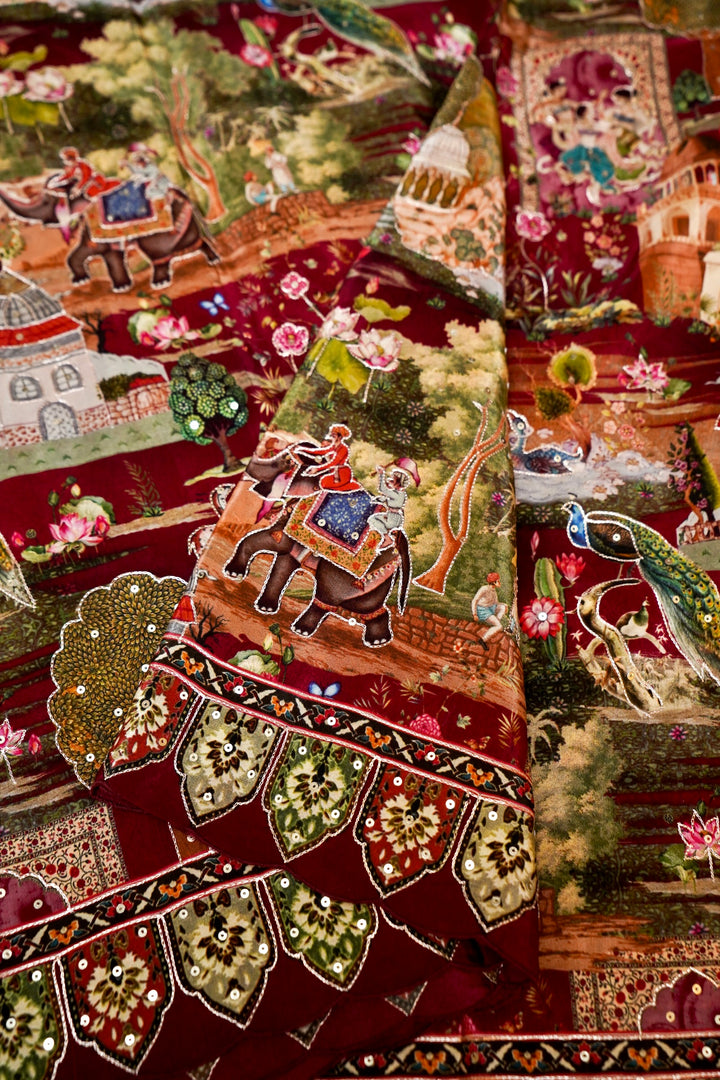 Maroon Crepe Silk Saree with Katha Embroidery & Printed Figure Motifs