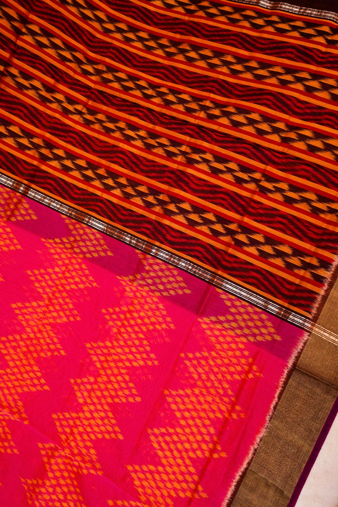 Banarasi Red Patola Cotton Silk Saree with Printed Zig Zag Design