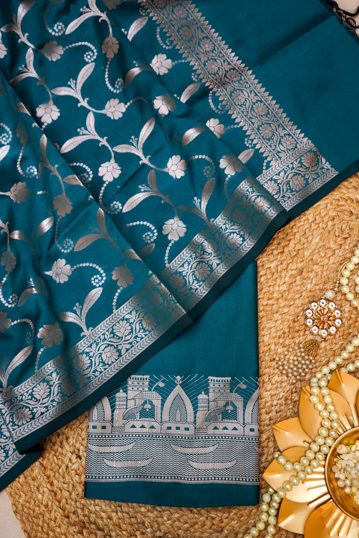 Teal Green Banarasi Ghat Design Modal Silk Unstitched Suit Set View 1