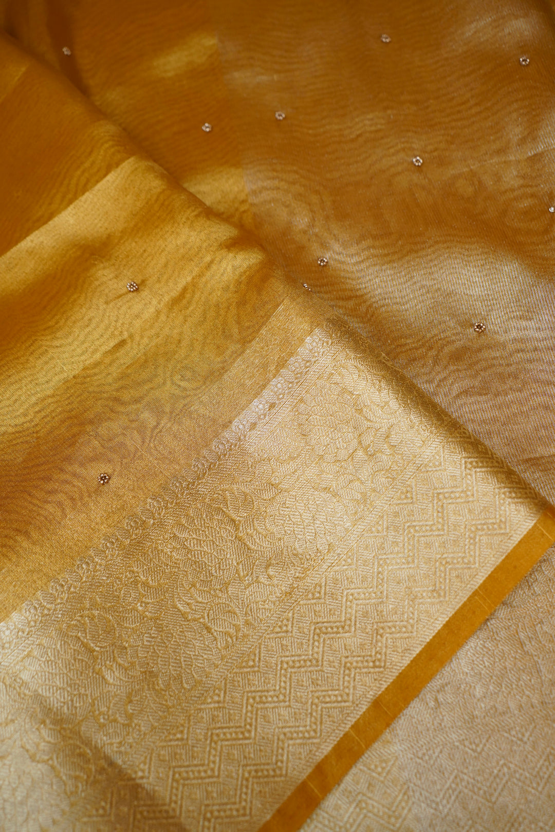 Opulent Golden Maharani Tissue Silk Saree with Gayatri Mantra &amp; Baraat Inspired Pallu