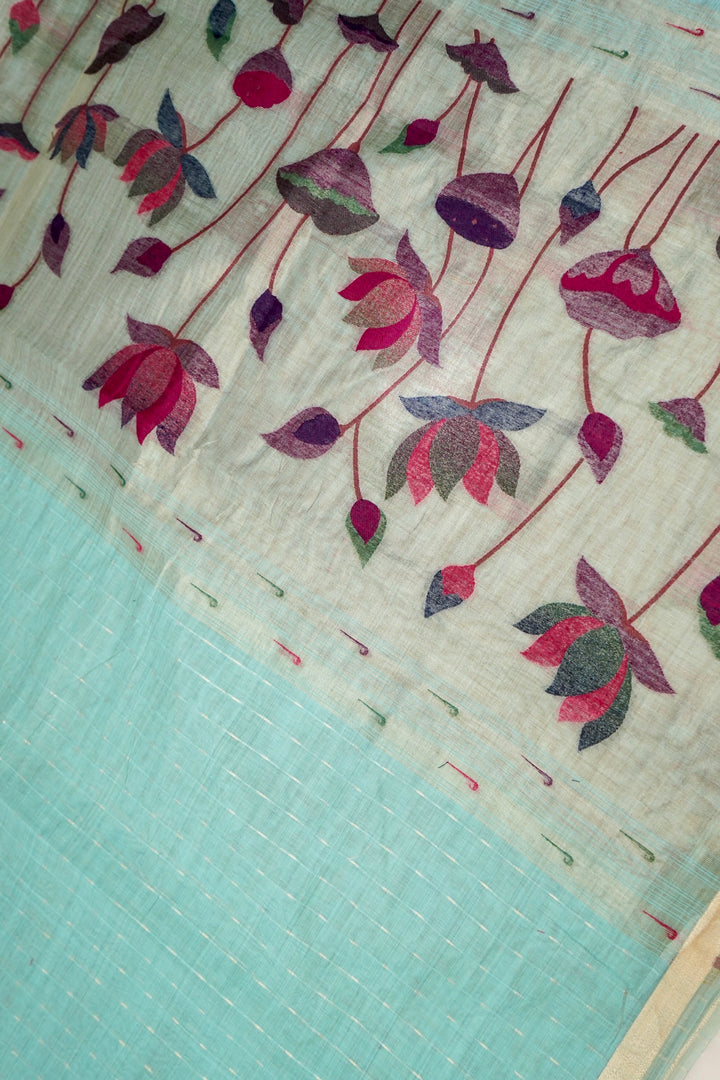 Elegant Sky Blue Cotton Silk Saree with Zari Stripe Weave Paithani Pallu View 2