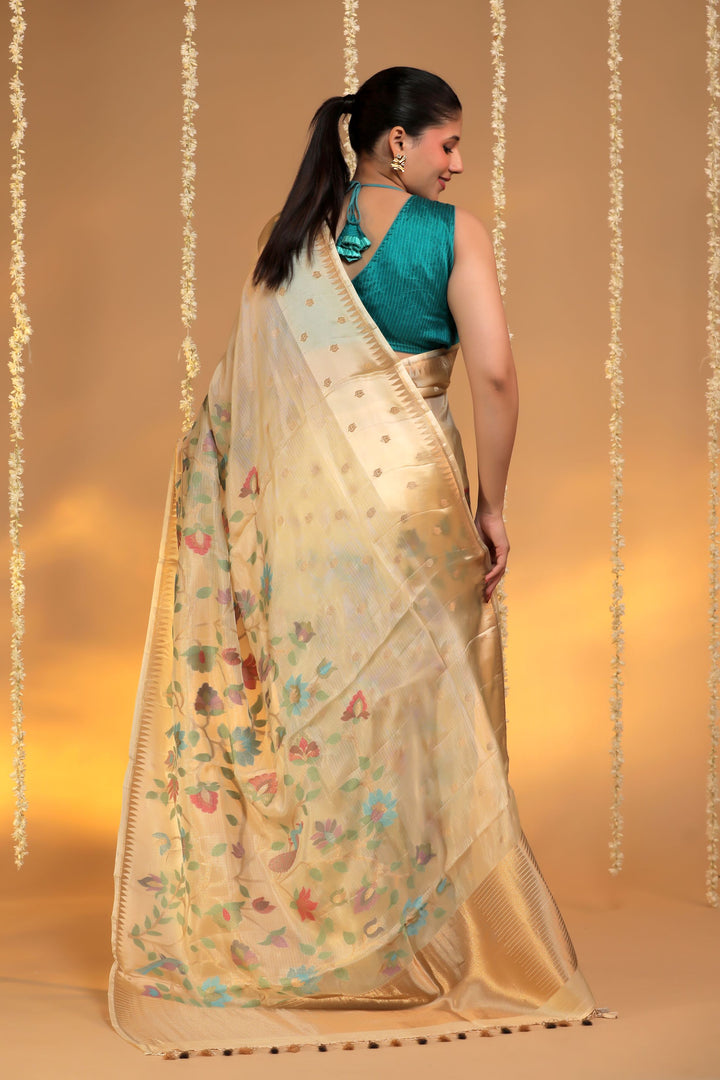 beige kota silk meenakari figure motif saree with silk weaving border back view