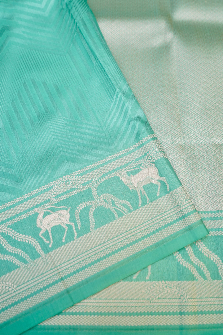 Aqua Green Banarasi Pure Katan Silk Saree – Handwoven with Golden Zari Shikargah Border & Pallu