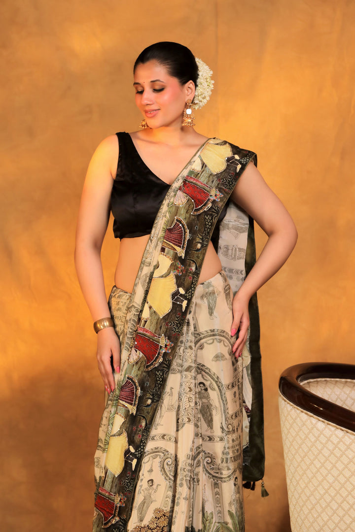beige crepe silk katha embroidery figure motif saree closeup view 2