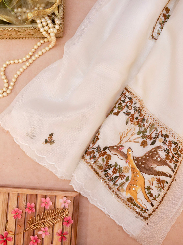 White Pure Kota Saree with Kantha Embroidery Hand Painted Motifs View 6