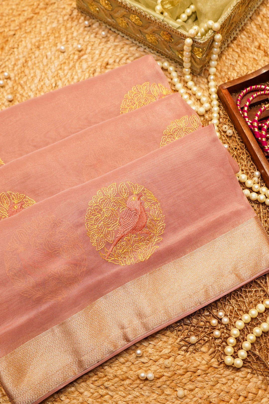 Pink Rose Gold Soft Tissue Saree Resham Bird Motifs &amp; Woven Border