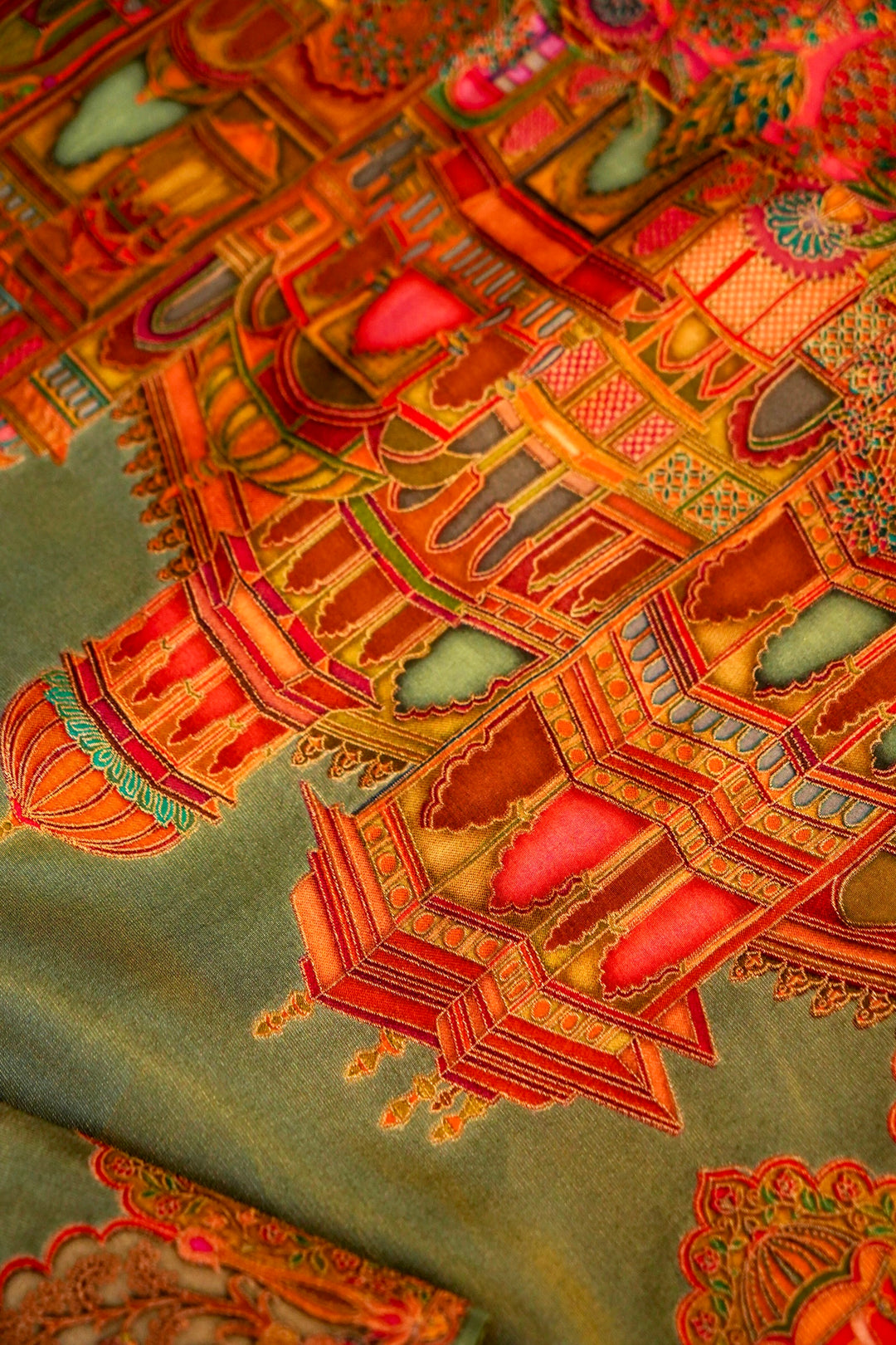 Meadow Mist Sage Green Crepe Silk Saree with Resham Woven Meenakari Pallu and Border