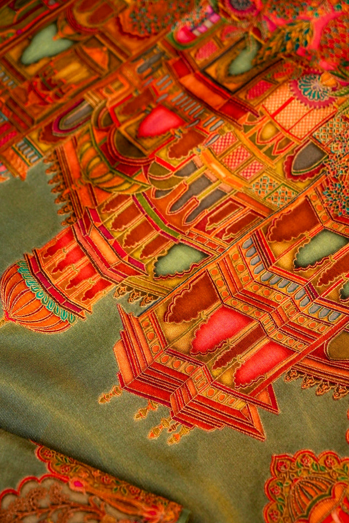 Meadow Mist Sage Green Crepe Silk Saree with Resham Woven Meenakari Pallu and Border