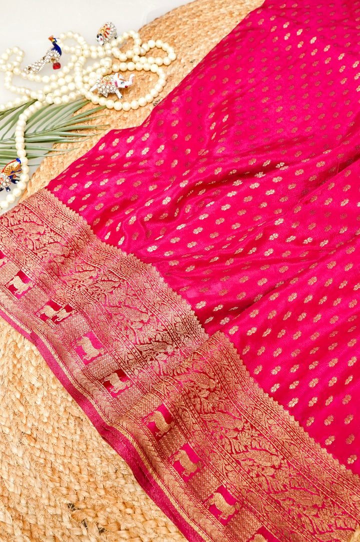 Antique Zari Weave Pink Pure Chinon Georgette Saree with Pichwai Zari Inspired Patterns