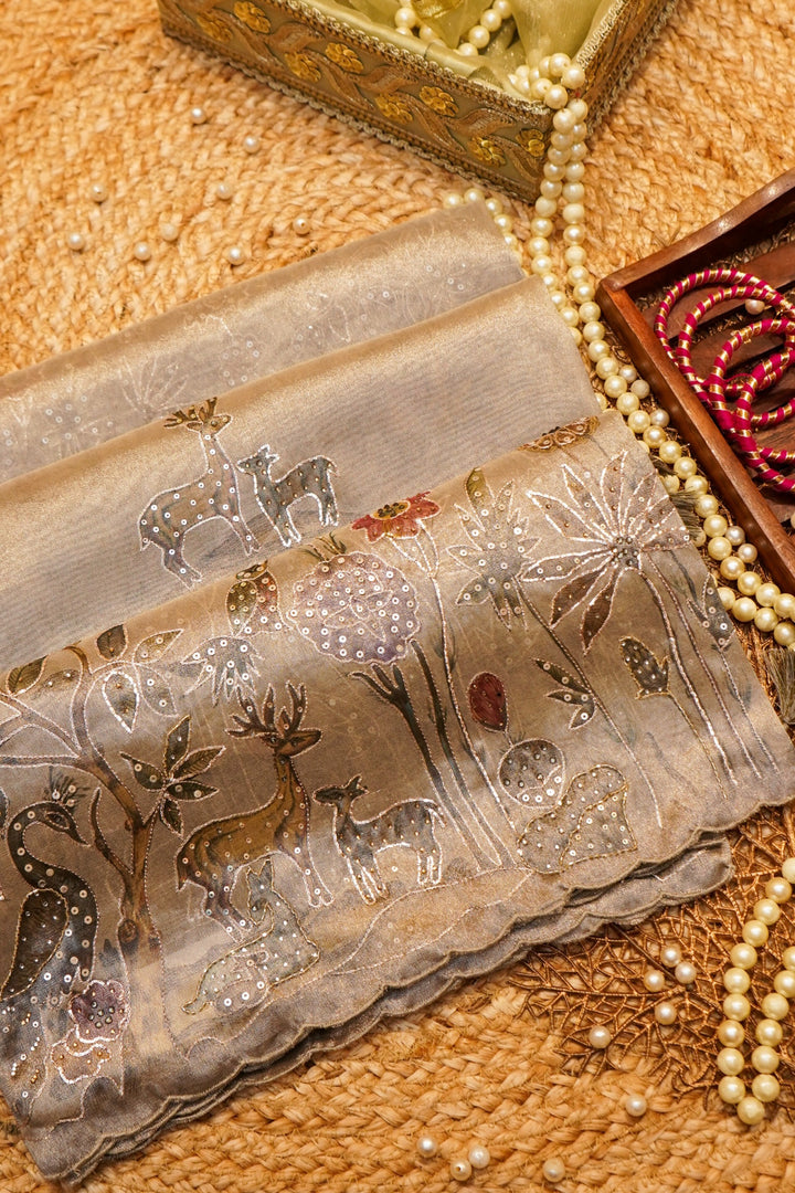 Soft Tissue Silk Aari Tari Hand Embroidered and Printed Saree