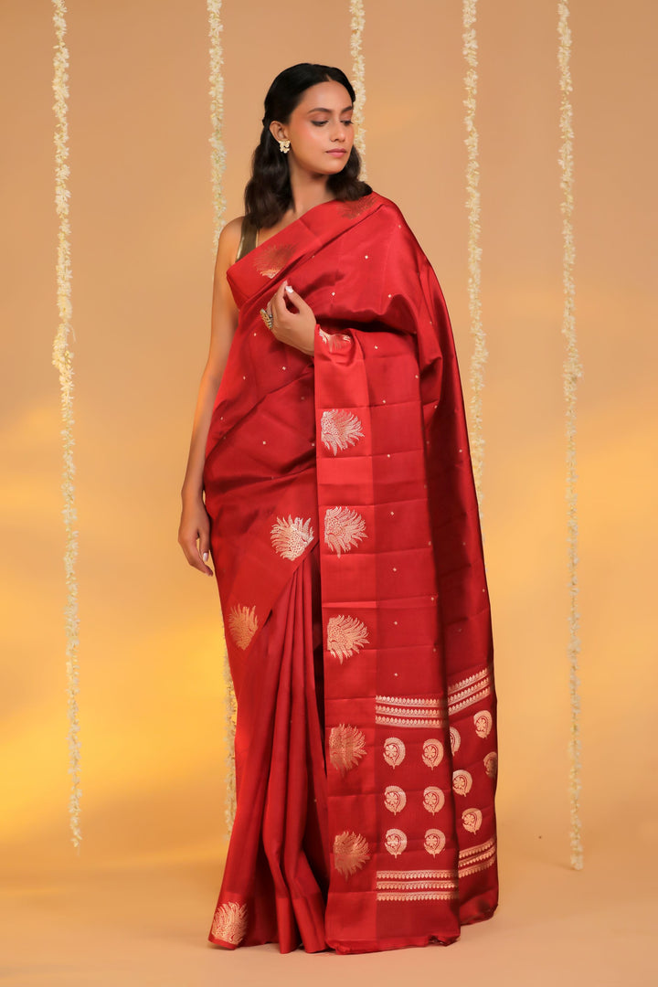 handwoven red banarasi pure mashru silk leopard motif saree front view 3