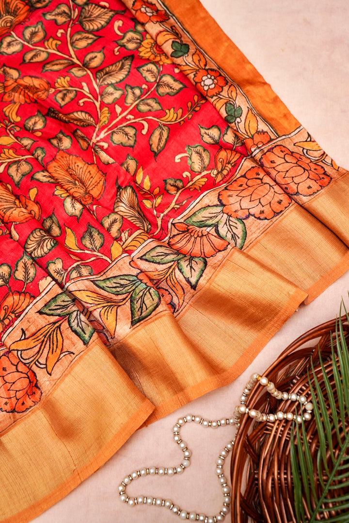 Bright Red Tussar Silk Saree with Kalamkari Floral Print