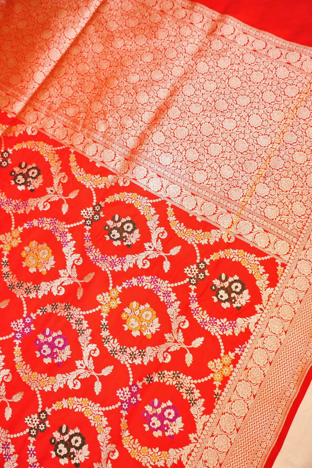 Red Bridal Pure Handloom Banarasi Katan Satin Silk Saree with Meenakari Jangla Design