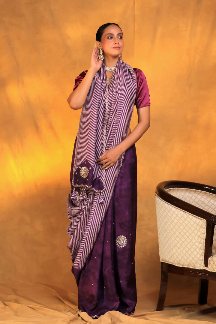 purple crepe silk geometric strip mirror work saree front view 2
