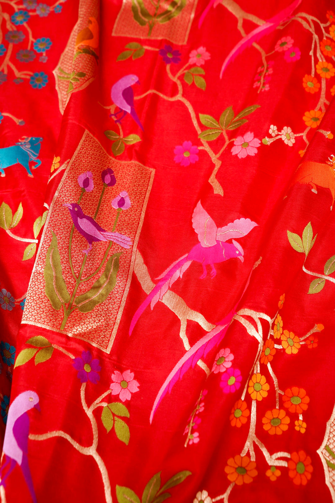 Red Pure Banarasi Handloom Katan Silk Kimkhwab Meenakari Birds Motif Saree