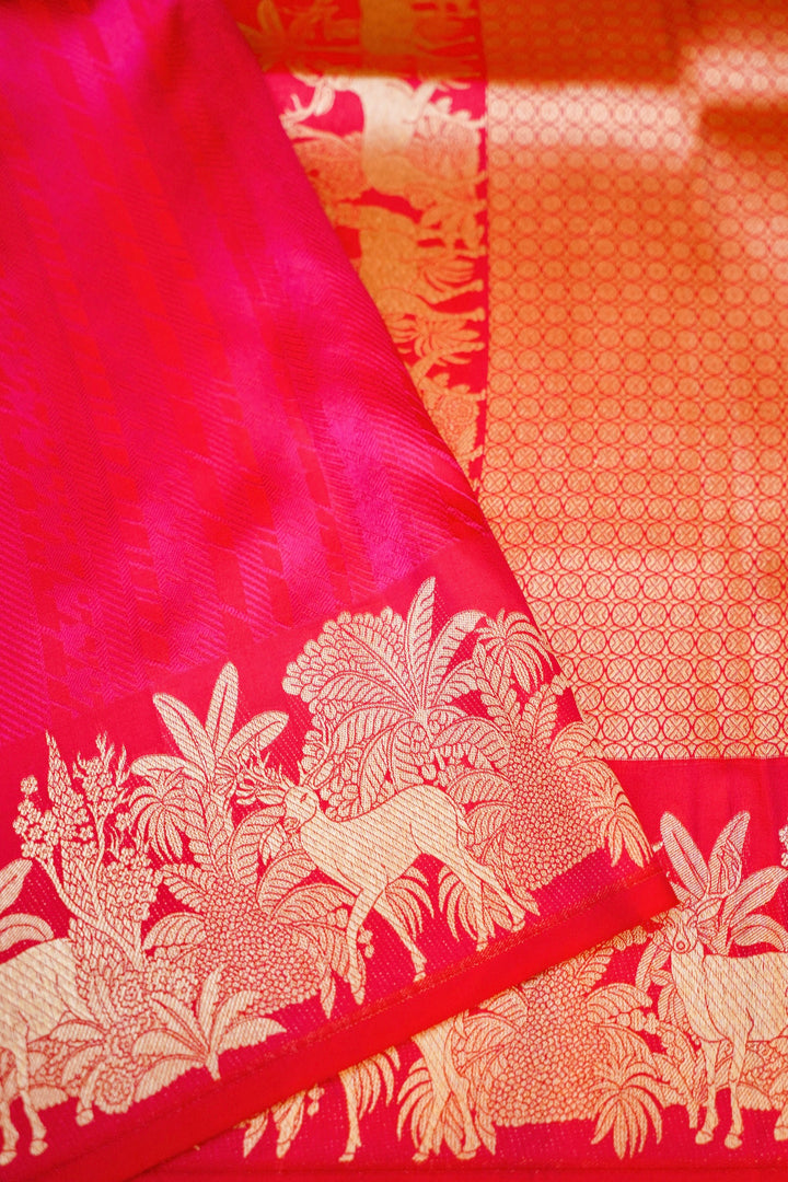 Regal Handwoven Pink Banarasi Pure Katan Silk Saree with Golden Zari Shikargah Border & Pallu