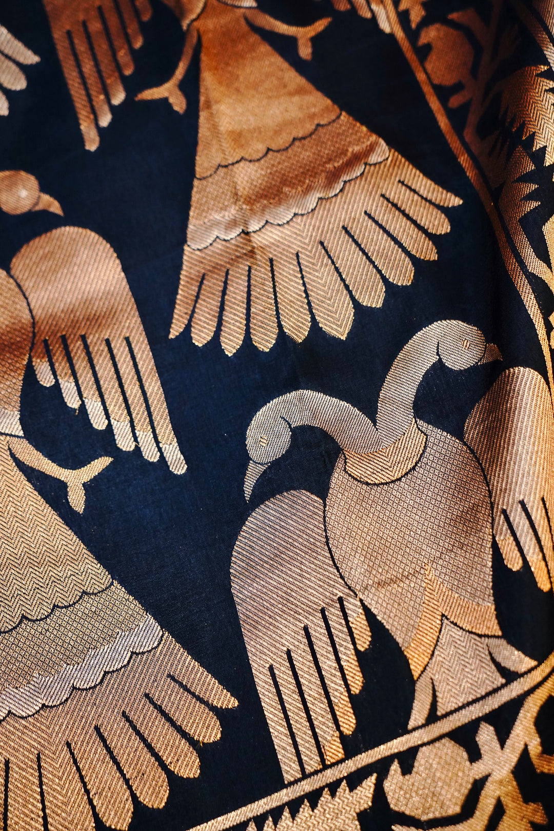 Majestic Navy Blue Nita Ambani Inspired Munga Crepe Birds Motif Saree