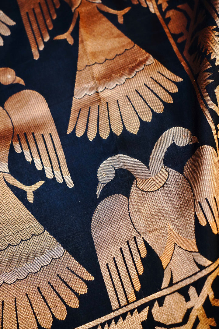 Majestic Navy Blue Nita Ambani Inspired Munga Crepe Birds Motif Saree