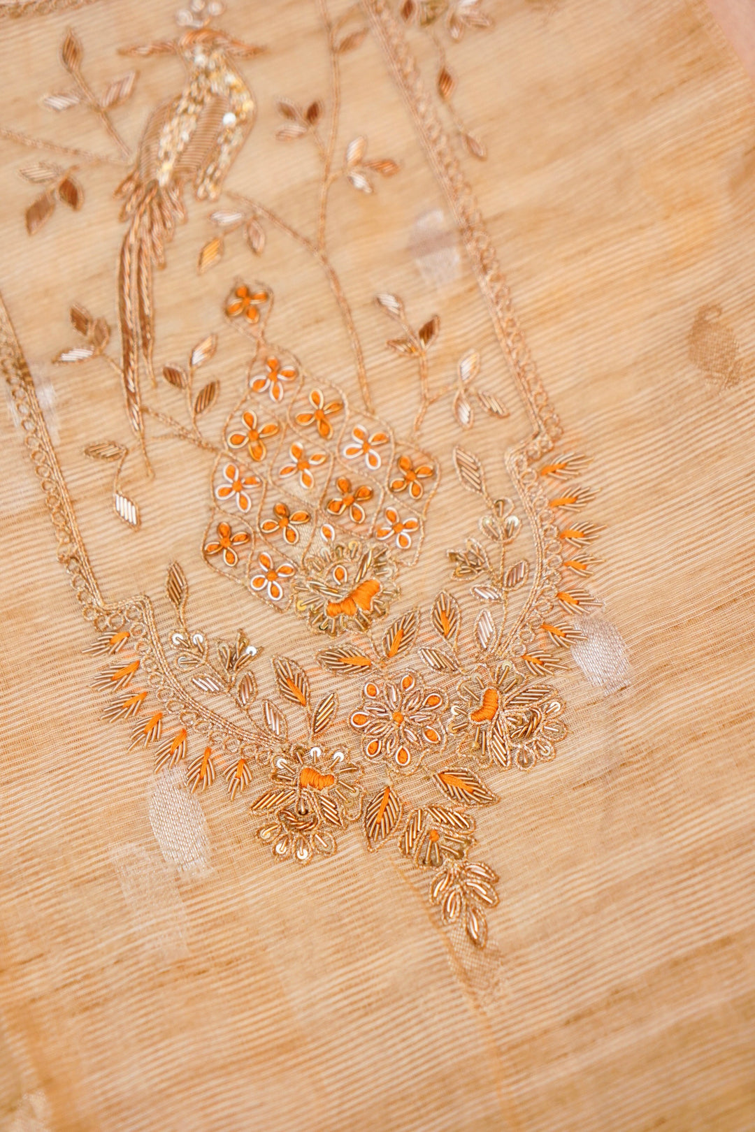 Unstitched Beige Gold Pure Chanderi Silk Suit with Yellow Contrast Dupatta