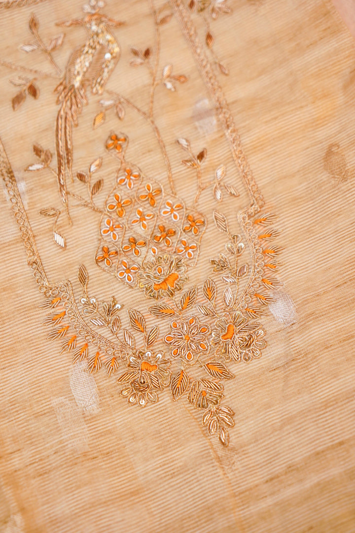 Unstitched Beige Gold Pure Chanderi Silk Suit with Yellow Contrast Dupatta
